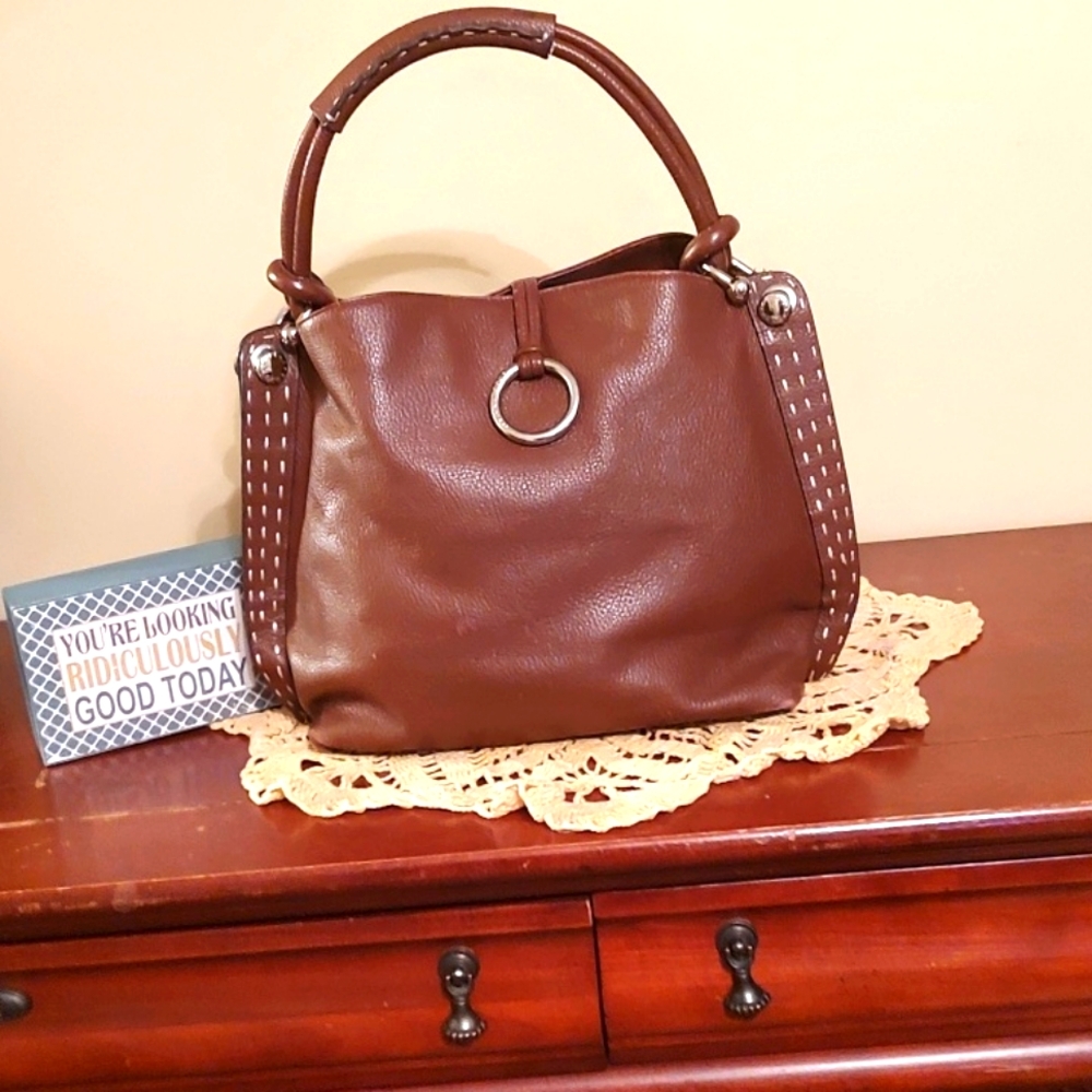 BCBG Max Azria Leather Slouchy Hobo Signature Cognac Brown Bag